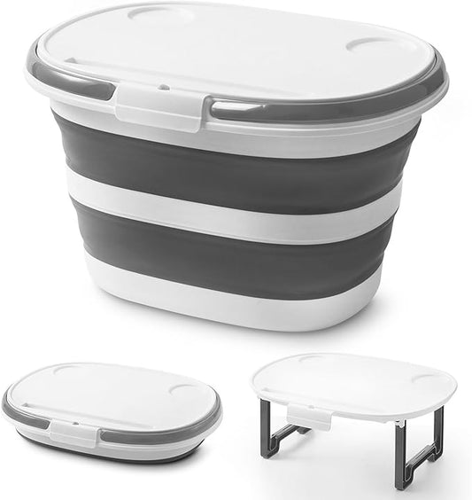 Lesipee Upgraded 16L Collapsible Mop Bucket with Multi-Functional Lid, 4-in-1 Foldable Silicone Tub with Table Surface, Floor Stand, Space Saving 4.2 Gallon Storage Solution for Home & Outdoor