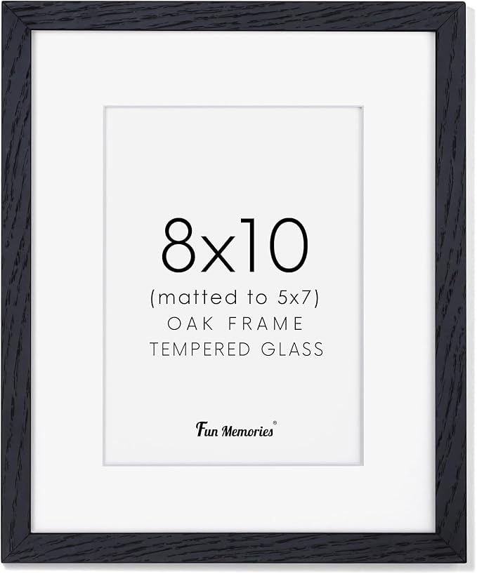 Fun Memories 8x10 Black Picture Frame, Natural Oak Wood 8 x 10 Photo Frames, 8 by 10 Frames Real Glass, 8x10 Picture Frame with Mat for 5x7, Rustic Black Wood Frame 8"x10", 1 Pack