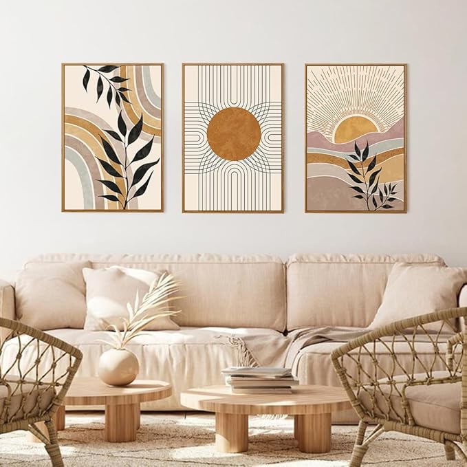 HPINUB Boho Framed Canvas Wall Art Prints, Set of 3 Mid Century Modern Wall Decor, Nature Plants Desert Sun Art Paintings, Bohemian Artwork for Living Room, Bedroom, Dining Room, Office - 24"x36"x3