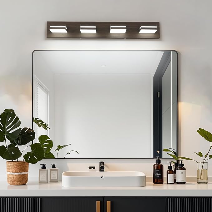 SineRise LED Modern Bathroom Vanity Light Fixtures (4-Light, 30-Inch, Dimmable), Brown Wood Painted Modern Acrylic Bathroom Wall Lighting Fixtures Over Mirror (Cool White 6000K)