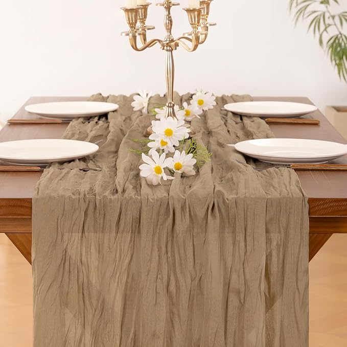 Socomi 6pcs Nude Brown Cheesecloth Table Runner Fall Thanksgiving Boho Rustic Gauze 120 inch 10FT Cheese Cloth Runner for Wedding Party Baby Shower Birthday Home Decor Holiday Decorations
