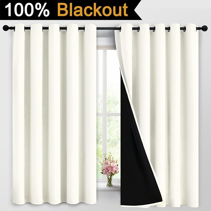 Yakamok 100% Cream Blackout Curtains for Bedroom, Light Blocking Thermal Insulated Noise Reducing Blackout Drapes for Living Room(62Wx63L, 2 Panels)