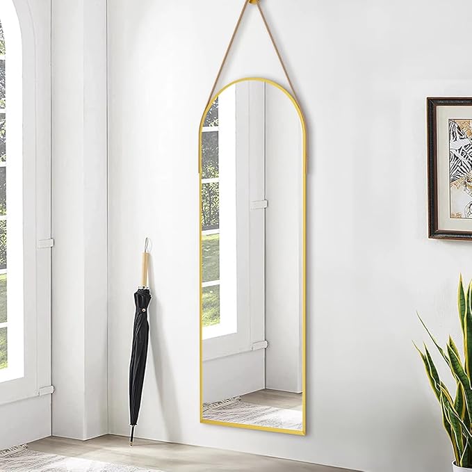16"x48" Hanging Mirror with Leather Strap,Arched Full Length Mirror with Aluminum Frame Wall-Mounted Hanging Mirrors for Bathroom Vanity Living Room Bedroom Entryway Décor, Gold