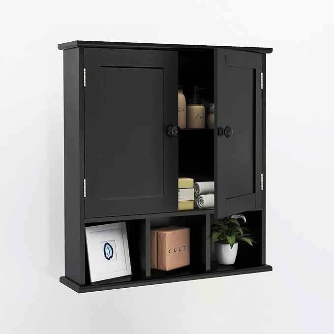 TaoHFE Black Bathroom Cabinet, Wall Mounted 2 Door Storage With Adjustable Shelves, Over The Toilet Medicine Cabinet for Laundry Room Kitchen