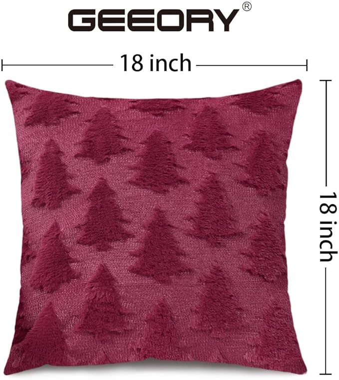 GEEORY Christmas Tree Throw Pillow Covers 18x18 Inch Set of 2, Xmas Winter Soft Plush Faux Fur Wool Decorative Farmhouse Holiday Cushion Case for Home Decoration (Wine Red) GC009-18