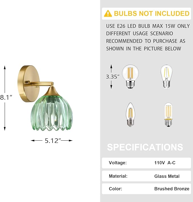 2 Pack 1 Light Vintage Wall Sconces Tulip Green Glass Lampshade Hradwired Modern Gold Wall Lighting Fixture for Bedside Bedroom Doorway