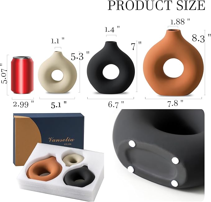 Ceramic Vase Home Table Decor - Flower Vases Set of 3 Small Living Room Centerpiece Decorations for Shelf Bedroom Office Kitchen Dining Desk Modern Aesthetic Farmhouse Decorative (Rust)