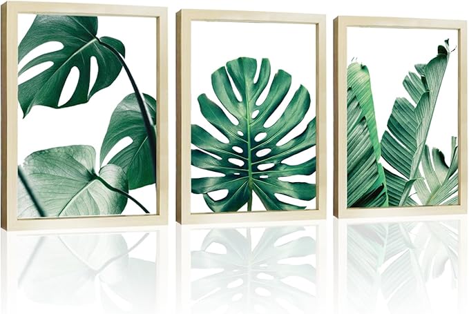 COSCTOR Set of 3 Botanical Wall Art Bathroom Wall Decor Green Plant Picture Monstera Frame Tropical Posters Prints for Home Living Room Bedroom Restroom Decoration(Framed,12x16)