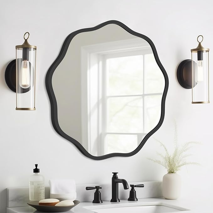 WallBeyond Round Wavy Mirror for Wall Decorative 20 inch, Modern Round Mirror Aluminum Frame for Bathroom Bedroom Living Room Home House Office Entryway, Black