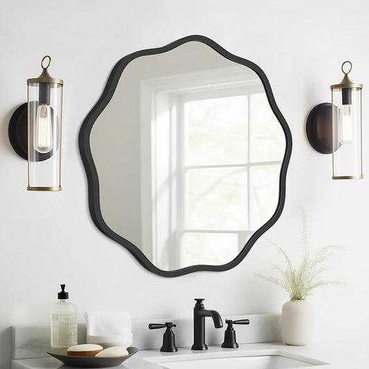 WallBeyond Round Wavy Mirror for Wall Decorative 20 inch, Modern Round Mirror Aluminum Frame for Bathroom Bedroom Living Room Home House Office Entryway, Black