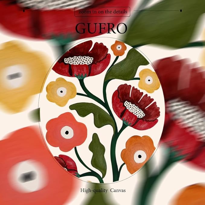 Gufro Boho Flower Market Framed Canvas Wall Art,Red Aesthetic Abstract Canvas Floral Wall Art for Bathroom，Living Room-16x24in