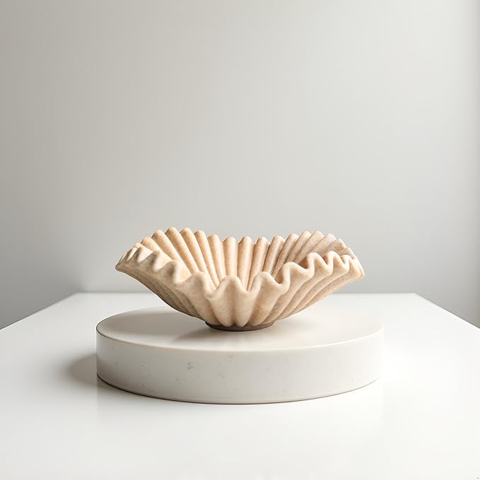 Large Decorative Bowl decor, Scalloped Pedestal Bowls for Modern Home Decor,Ruffle Decor,Stylish Key Bowl for Entry Table,Decorative Fruit Bowl for Kitchen Counter,Beige