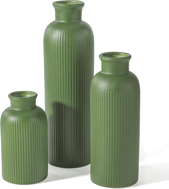Small Sage Green Ceramic Vase Set of 3, Boho Modern Flower Vase Room Decor, Farmhouse Decor, Vases for Your Kitchen, Bathroom, Bedroom, Living Room, Office&Shelf Centerpiece Table Decorations