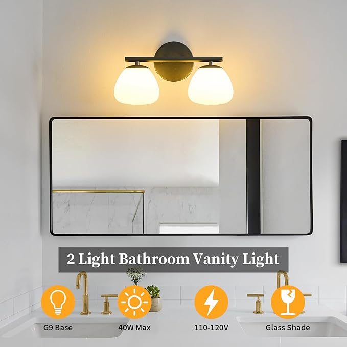 Modern 2 Light Bathroom Vanity Light Black Vanity Light Bathroom Light Fixtures Over Mirror with Milk Glass Shade Bathroom Wall Sconce