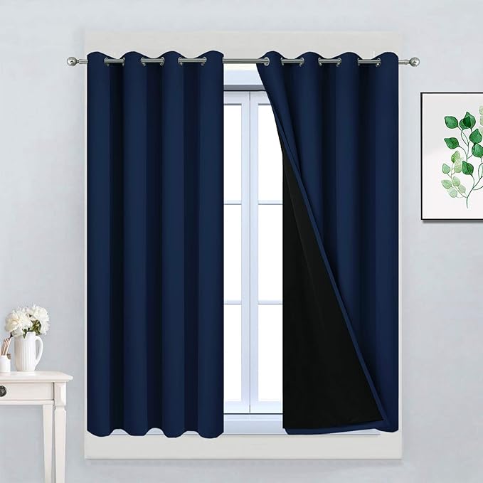 Yakamok 100% Blackout Curtains 45 Inches Long, 2 Thick Layers Total Blackout Drapes, Light Blocking Thermal Insulated Lined Blackout Curtains for Bedroom(Navy Blue, 52" Width Each Panel, 2 Panels)