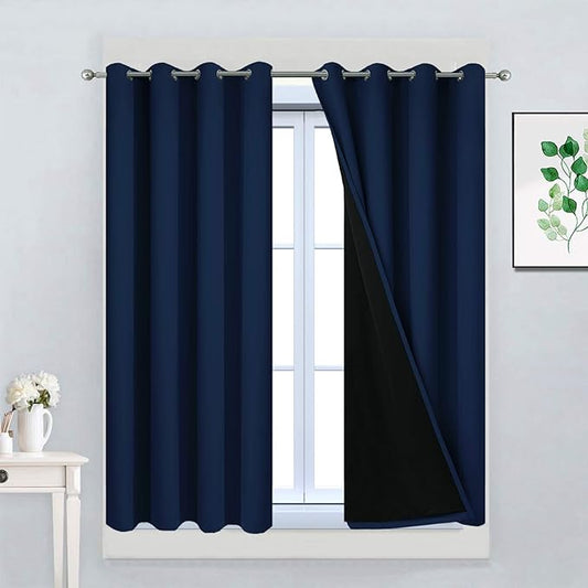 Yakamok 100% Blackout Curtains 45 Inches Long, 2 Thick Layers Total Blackout Drapes, Light Blocking Thermal Insulated Lined Blackout Curtains for Bedroom(Navy Blue, 52" Width Each Panel, 2 Panels)