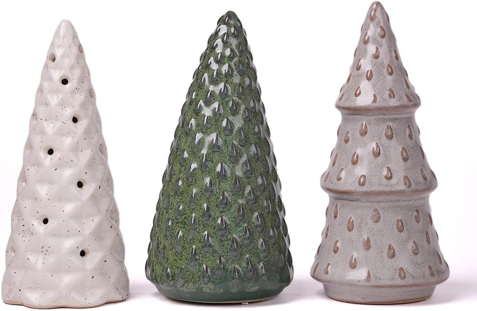 HAUCOZE 3pcs Christmas Figurine Decor Tree Statue Modern Sculpture Home Gifts Table Centerpiece Crafts Ceramic Arts 5.9inch