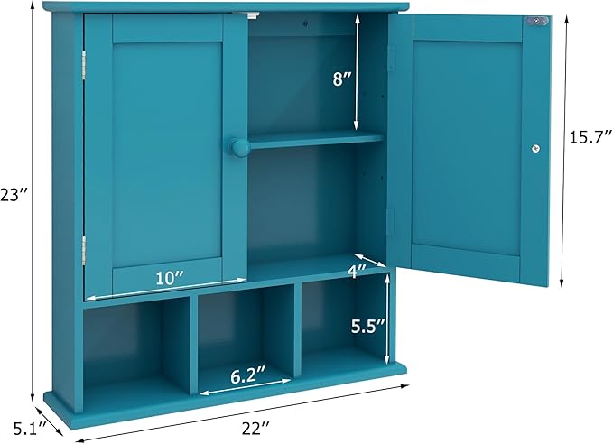 TaoHFE Turquoise Bathroom Cabinet - 2 Door Adjustable Shelves, Over The Toilet Storage, Wall Mounted Medicine Cabinet