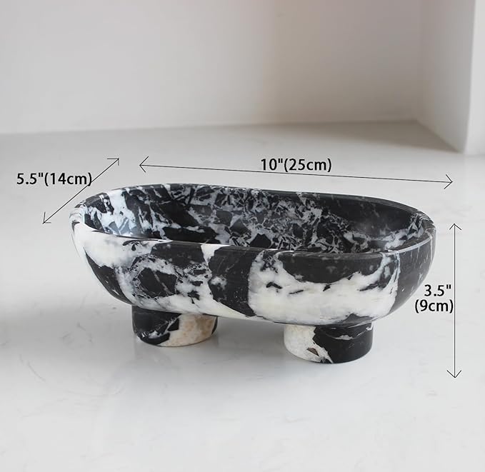 Natural Oval Calacatta Black Marble Fruit Bowl for Kitchen Counter 10", Large Decorative Bowl Two-Legs for Home Decor, Fruits Holder For Dining Table - Kitchen Organization