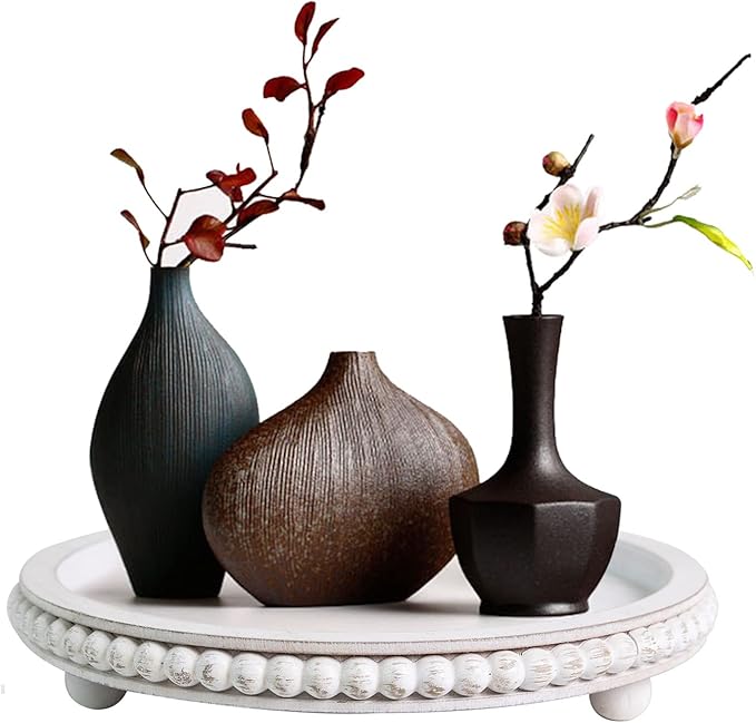 HPC Decor 12in Round Wood Tray - White, Distressed, Farmhouse Rustic - Decorative Tray for Living Room, Coffee Table, Kitchen Table or Farmhouse Serving Tray