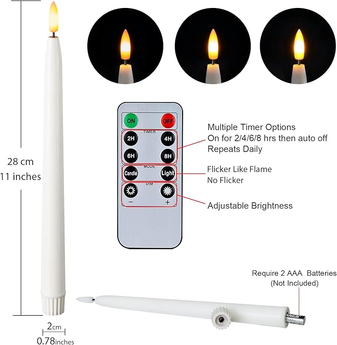 Homemory 11 inches Waxy Battery Operated Taper Candles with Remote Timer Dimmer, 6 Pcs Flameless Taper Candles with Flickering Flame, White Candlesticks Battery Powered for Ceremony Memorial Decor