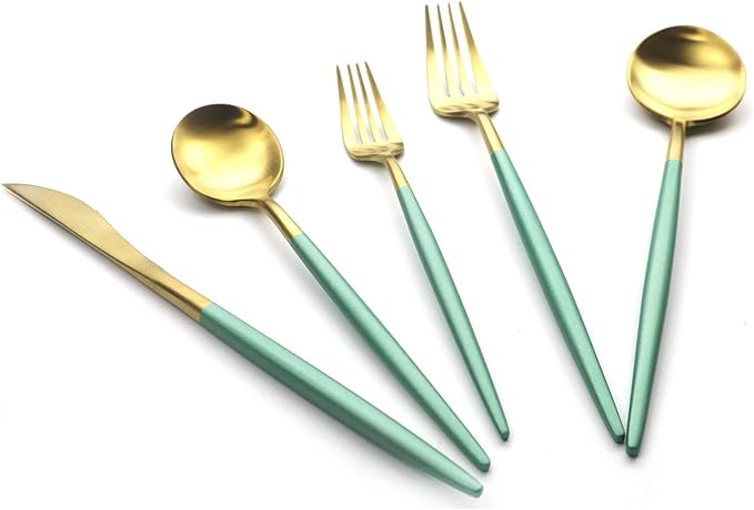 Gugrida Green Gold Flatware, Royal 20 Pieces Matte White Handle 18/10 Stainless Steel Tableware Sets for 4 Including Forks Spoons Knives, Camping Silverware Travel Utensils Set Cutlery (Green Gold)