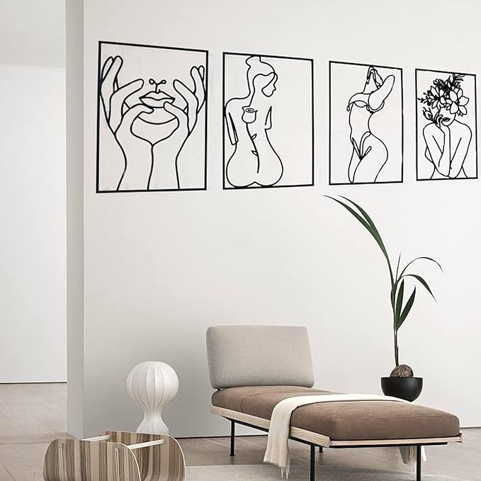 Glamativity 4 Pack Gold Wall Art Décor, Minimalist Décor Single Line Art Wall Décor, Real Metal Wall Art, Woman's Body Shape Abstract Wall Art, for Kitchen Bedroom Living Room (Black)
