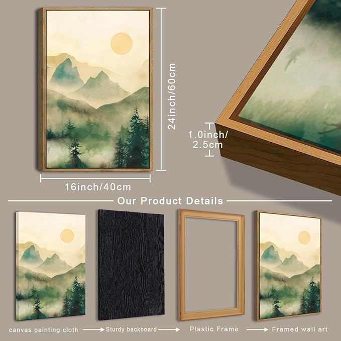 IARTTOP Large Mountain Framed Canvas Wall Art 16x24 Inch Green Foggy Forest Landscape Art Prints Set of 3 Nature woodland Landscape Wall Decor for Living Room Bedroom Office
