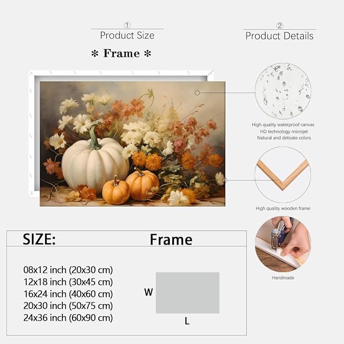 Fall Canvas Wall Art Rustic Pumpkin Posters Fall Pictures Print Dark Cottagecore Thanksgiving Wall Decor for Home Living Room 24x36inch Framed