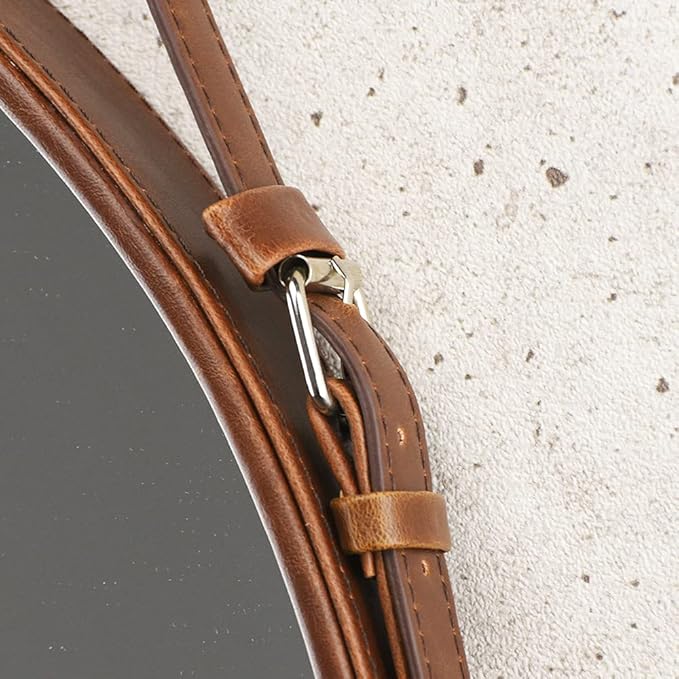 HofferRuffer Round Wall Mirror Decorative Mirror, Hanging Mirror with Hanging Strap Silver Hardware Hooker/Hanger (Brown, 23.6'')