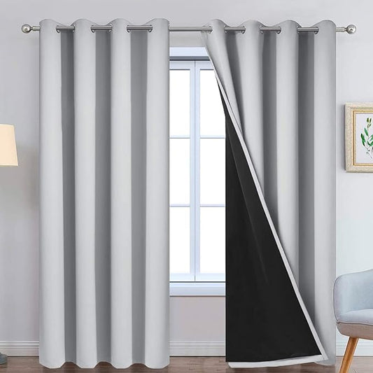 Yakamok 90 Inch Long 100% Blackout Curtains for Bedroom, 2 Thick Layers Thermal Insulated Grommet Total Blackout Drapes with Black Liner for Living Room (52Wx90L,Light Grey, 2 Panels)