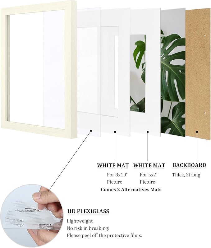 Egofine 11x14 Picture Frames Set of 4, Made of Solid Wood Covered by Plexiglass 5x7 and 8x10 with Mat or 11x14 without Mat, for Table Top Display and Wall Mounting Photo Frame Beige