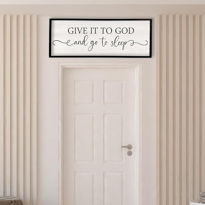 Surfapans Give It To God And Go To Sleep Sign Wall Decor Above Bed 40"x15" Master Bedroom Guest Room Over Bed Wood Rustic Framed Wall Art (Black)