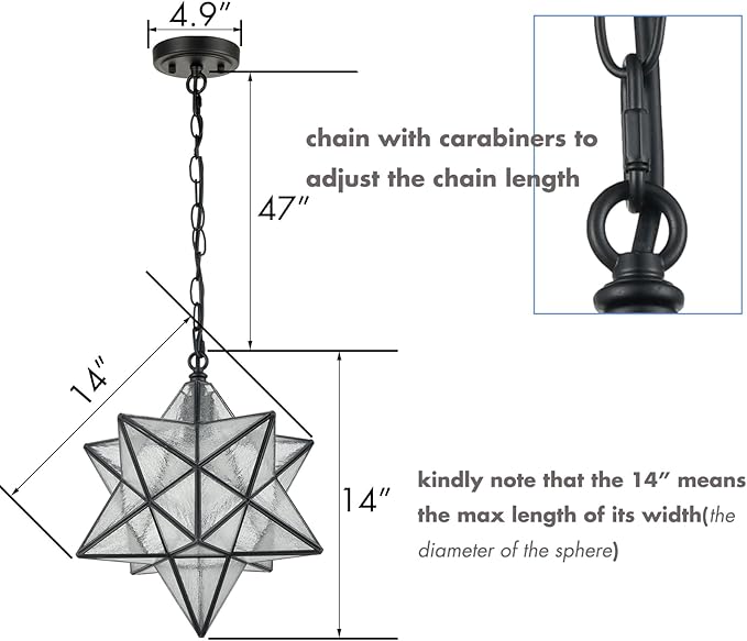 14'' Moravian Star Pendant Light Seeded Glass Star Lights with Adjustable Hanging Chain Light for Kitchen Bedroom Dining-Dimmable