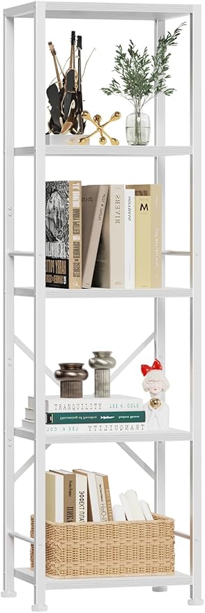Furologee White Bookshelf 5 Tier Bookcase, Tall Narrow Bookshelves, Modern Freestanding Shelf Units, Metal and Wood Display Storage Corner Shelves Organizer for Bedroom, Living Room, Office, Bathroom