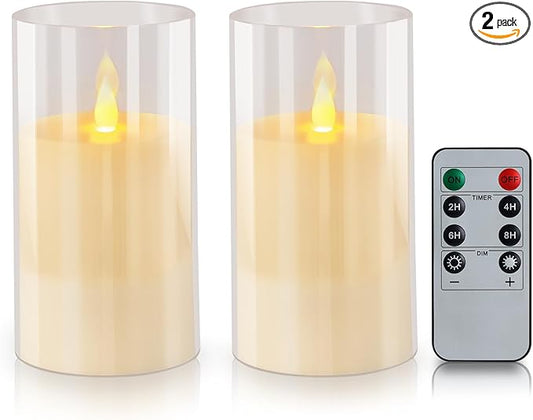 2 Pcs Flameless Candles with Remote and Timer(D3 xH6), Pure White Flickering Battery Operated Acrylic LED Pillar Candles, Electric Fake Candles for Holiday Wedding Home Party Fireplace Décor