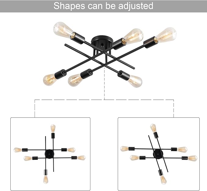Sputnik Chandeliers, Modern Semi Flush Mount Ceiling Light with E26 Base, Mid Century Industrial Kitchen Farmhouse Light Fixtures for Bedroom Living Room (Black, Ceiling 6 Lights (Lengthen))