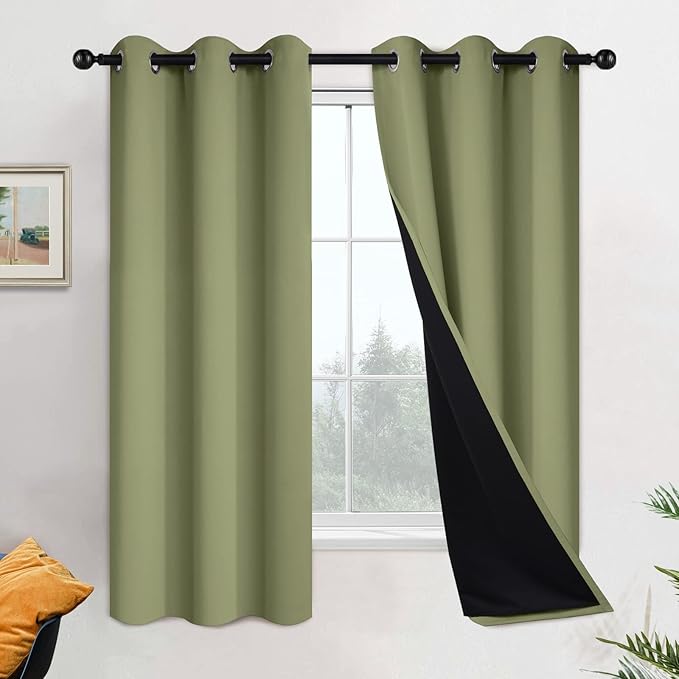 Yakamok 100% Blackout Curtains with Black Lined 2 Thick Layers Soundproof Thermal Insulated Room Darkening Curtains for Living Room(42Wx63L,Sage, 2 Panels)
