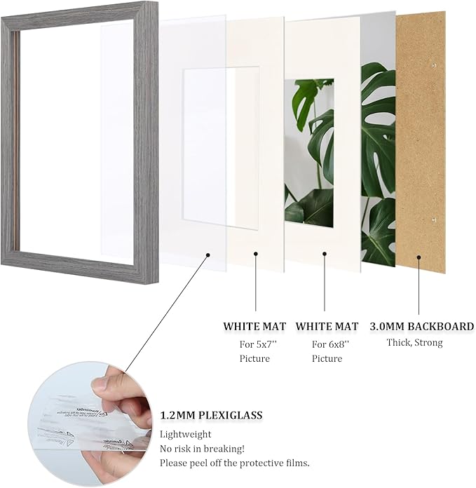 Egofine A4 Picture Frames Set of 4, Made of Solid Wood Covered by Plexiglass 4x6 and 6x8 with Mat or A4 without Mat, for Table Top Display and Wall Mounting Photo Frame Light Grey