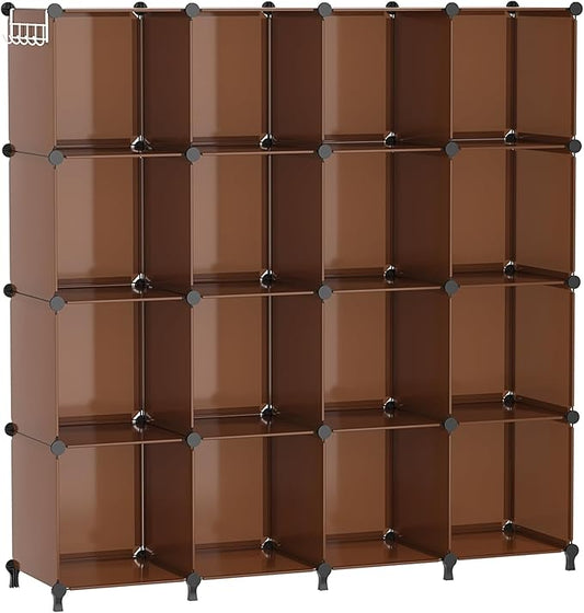 AWTATOS Cube Storage Organizer, Storage Cubes Shelves Bookshelf, 16 Cube Closet Organizers and Storage, DIY Stackable Plastic Clothes Organizer Shelving for Bedroom, Home Office, Cocoa Brown