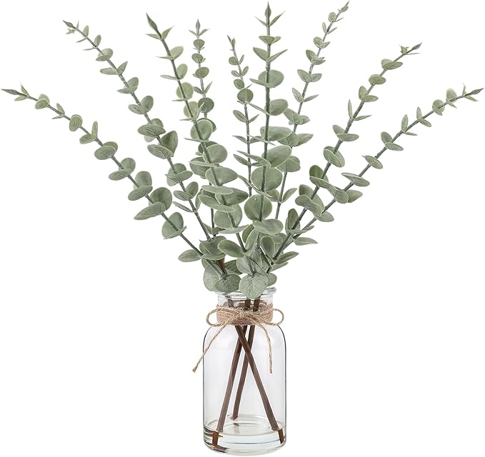 Artificial Eucalyptus Stems in Glass Vase with Faux Water，15.75" Fake Plants for Home Decor, Coffee Table Centerpieces, Office, Bathroom & Farmhouse Weddings - Faux Greenery Plants Decorations