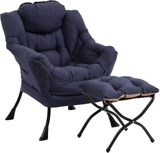 Lazy Chair with Ottoman, Modern Chair with Folding Footrest, Lounge Accent Chair, Comfortable Reading Chair (Navy Blue)