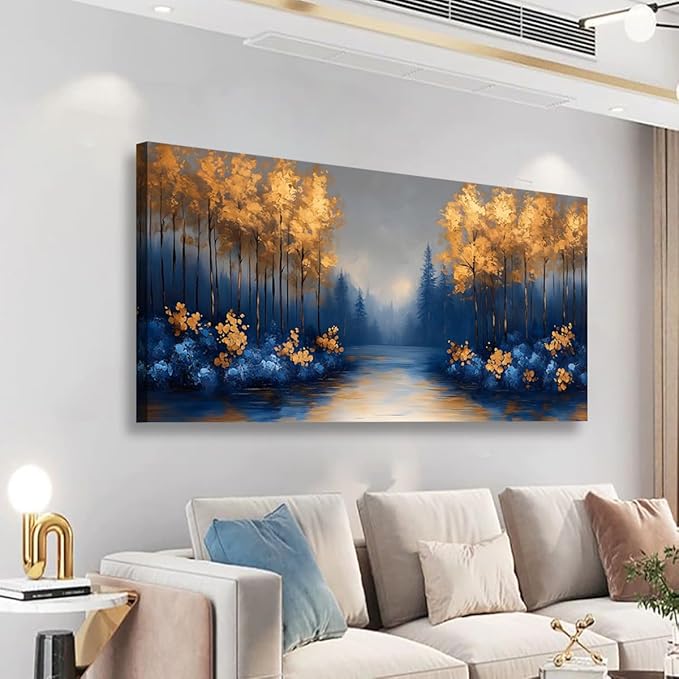 Abstract Scenery Pictures Canvas Wall Art for Living Room Office Bedroom Wall Decor,Blue Forest Golden Tree Wall Art Print Paintings Modern Landscapes Artwork Waterproof Ready to Hang-20x40inch