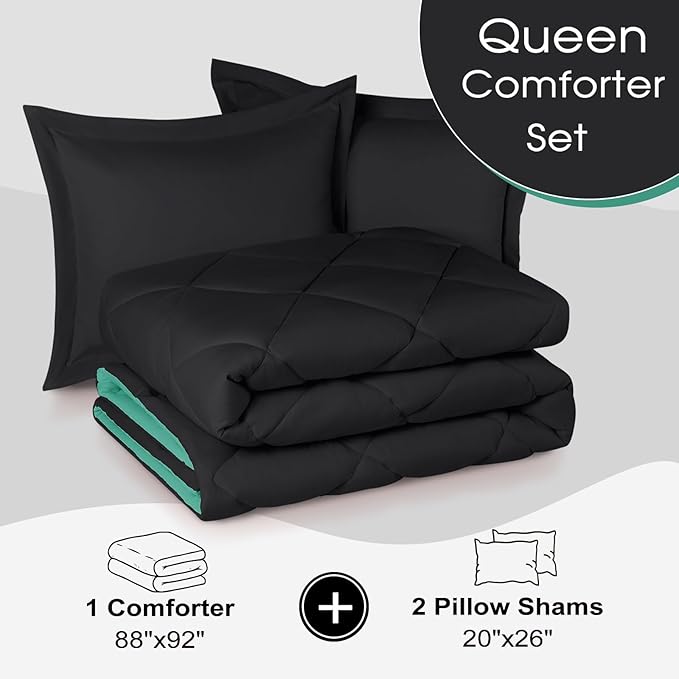 Basic Beyond Queen Comforter Set - Green Comforter Set Queen, Reversible Bed Comforter Queen Set for All Seasons, Black/Mint Leaf, 1 Comforter (88"x92") and 2 Pillow Shams (20"x26"+2")