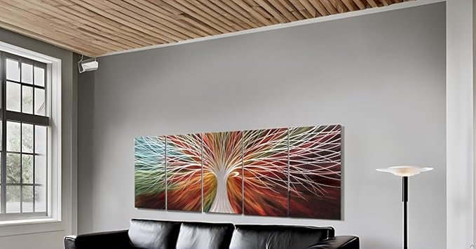 Yihui Arts Abstract Metal Wall Art - Tree Of Life Hand Crafted 5 Pieces Panels Large Big Unique 3D Aluminum Modern Contemporary Home Accent