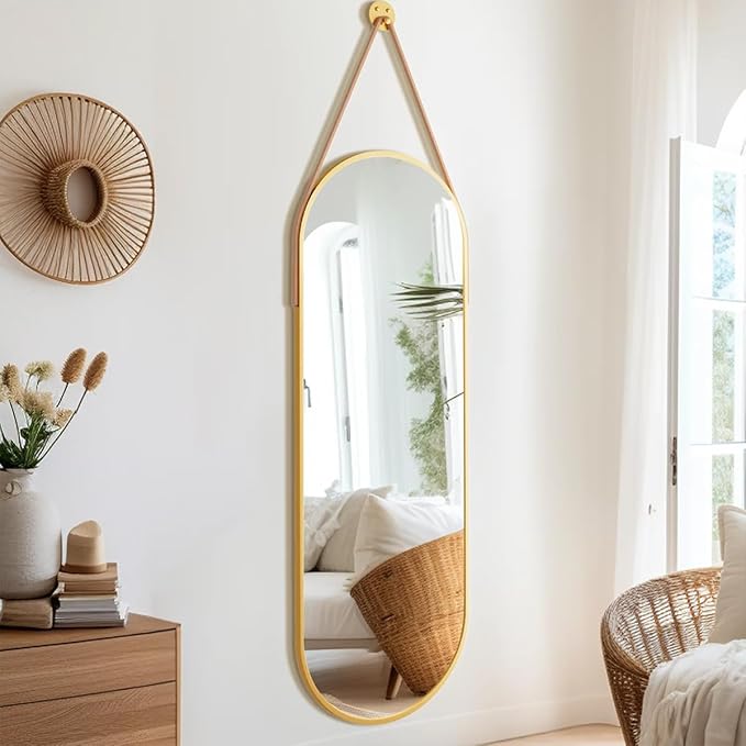 16"x48" Oval Full Length Mirror with Leather Strap Hanging Mirror with Aluminum Frame, Oval Gold Wall-Mounted Mirrors for Living Room Bedroom Entryway Décor, Gold