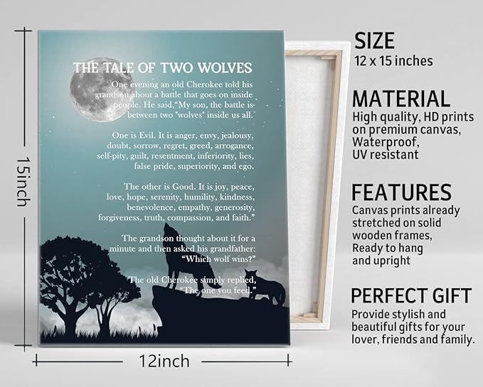 Wolf Poster, The Tale of Two Wolves, Canvas Wall Art Inspirational Quote Decor, Wolf Décor, Wolf Gifts, Canvas Prints Poster Wall Art (Blue)