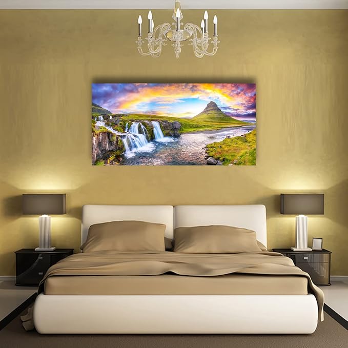 Waterfall Hill Pictures Canvas Wall Art For Living Room Bedroom Wall Decor,Hill Wall Art Print Paitnings for Home Decor,Morden Artwork Cloud Rainbow Canvas Art Waterproof Ready to Hang-20X40Inches