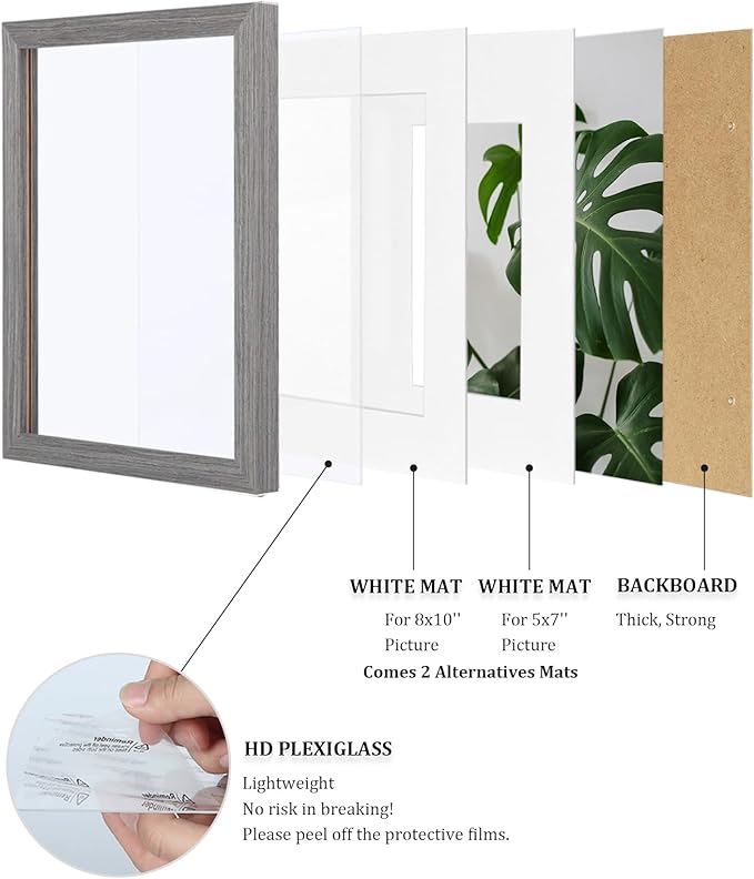 Egofine 11x14 Picture Frames Set of 4, Made of Solid Wood Covered by Plexiglass 5x7 and 8x10 with Mat or 11x14 without Mat, for Table Top Display and Wall Mounting Photo Frame Light Grey