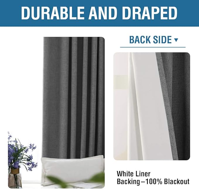 H.VERSAILTEX 100% Blackout Curtains for Bedroom 63 Inches Long Grommet Linen Face Full Light Blocking Curtain Drapes for Living Room Thermal Linen Look Curtains 2 Panels Set, 52" W x 63" L, Grey